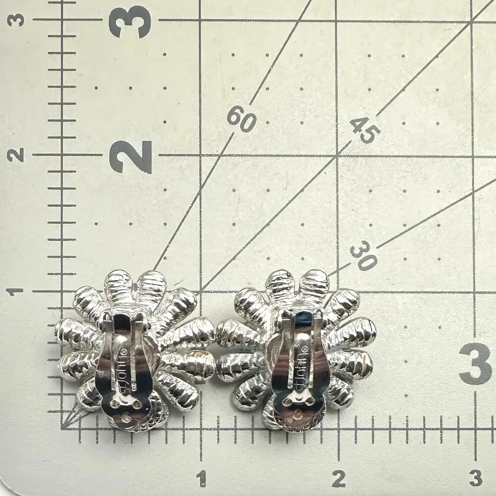 St. John vintage silver tone rhinestones faux black pearl clip on earrings